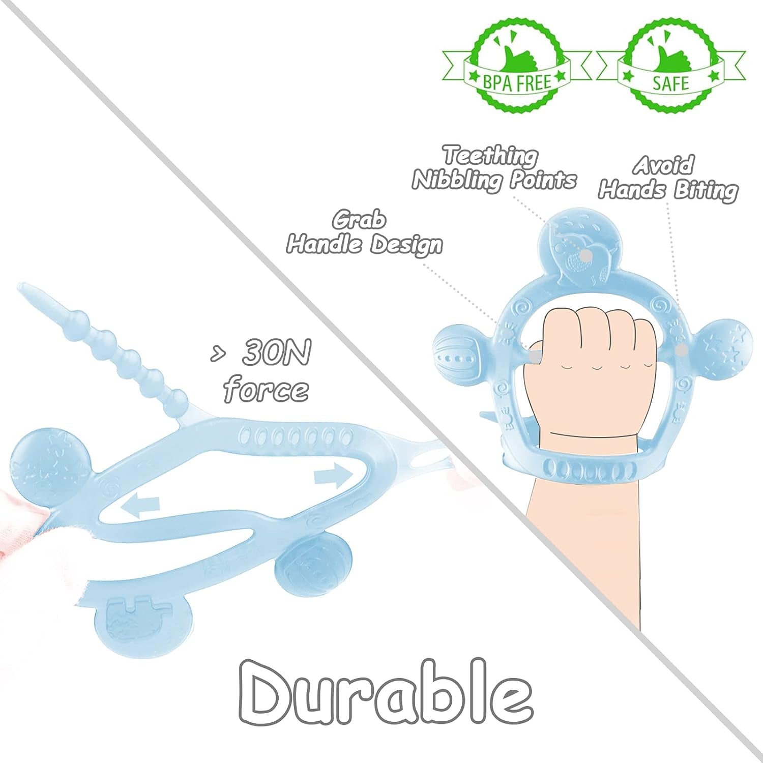 【Never Drop from Hand】 HEORSHE Baby Teething Toys for 1 Year Old Baby Boy Teethers for Infants Toddlers Silicone Molars Adjustable Chew Toys for Babies Boy 3 4 5 6 7 8 9 10 11 12 Months (Blue)