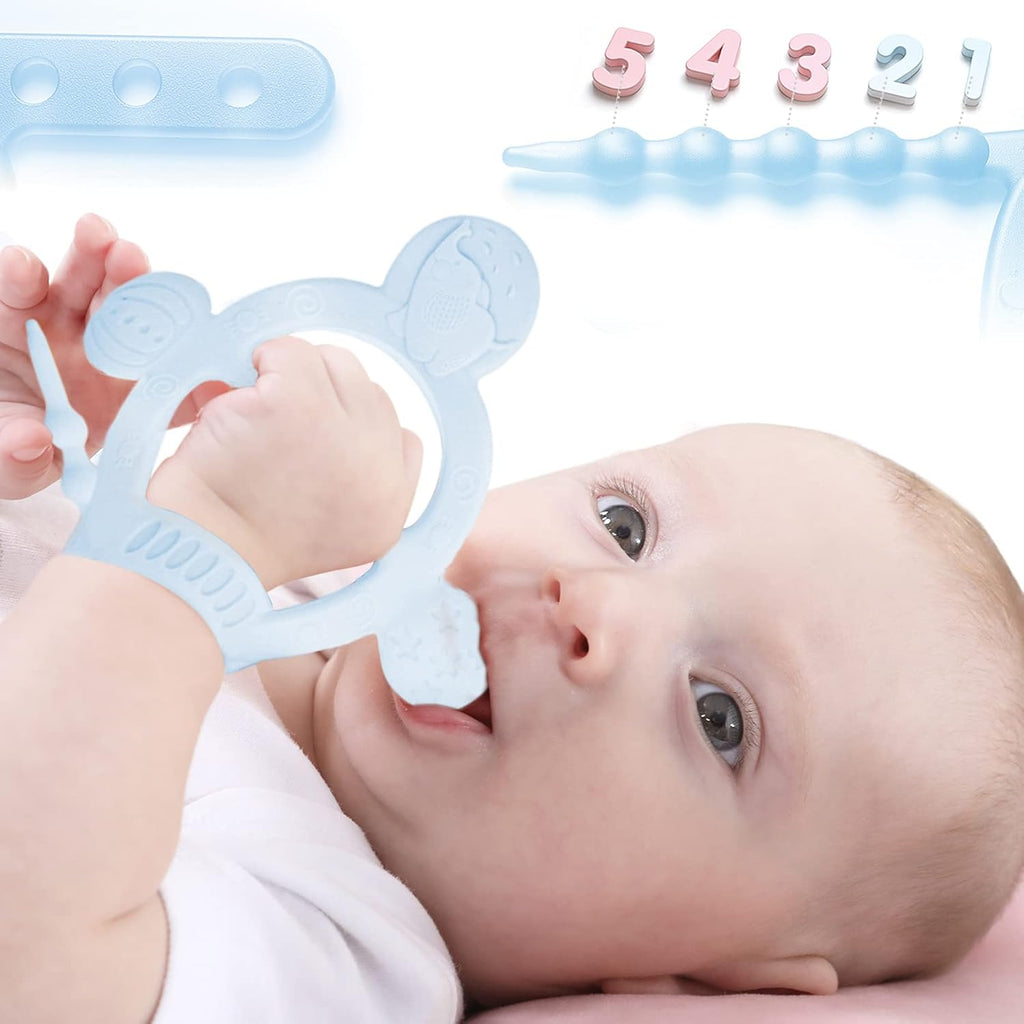 【Never Drop from Hand】 HEORSHE Baby Teething Toys for 1 Year Old Baby Boy Teethers for Infants Toddlers Silicone Molars Adjustable Chew Toys for Babies Boy 3 4 5 6 7 8 9 10 11 12 Months (Blue)