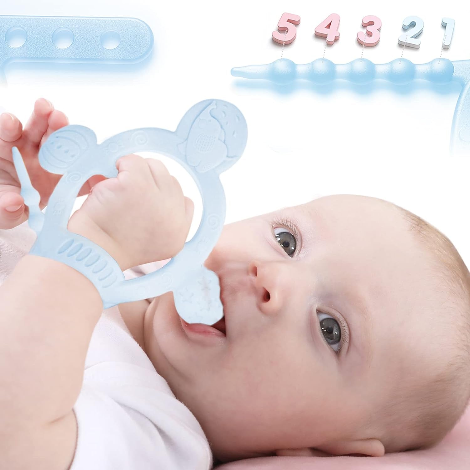 【Never Drop from Hand】 HEORSHE Baby Teething Toys for 1 Year Old Baby Boy Teethers for Infants Toddlers Silicone Molars Adjustable Chew Toys for Babies Boy 3 4 5 6 7 8 9 10 11 12 Months (Blue)