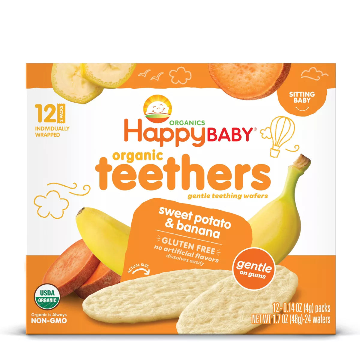Happy Baby Organic Teethers Sweet Potato & Banana Gentle Teething Wafers Baby Snacks - 12Ct/1.68Oz